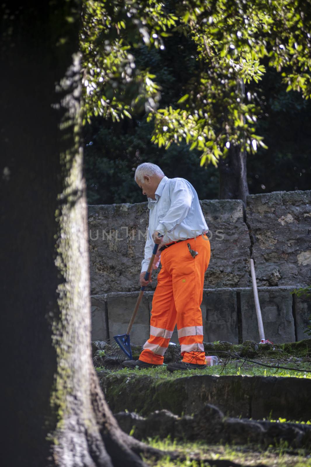 terni,itali october 05 2020:municipality employee gardening in a public park