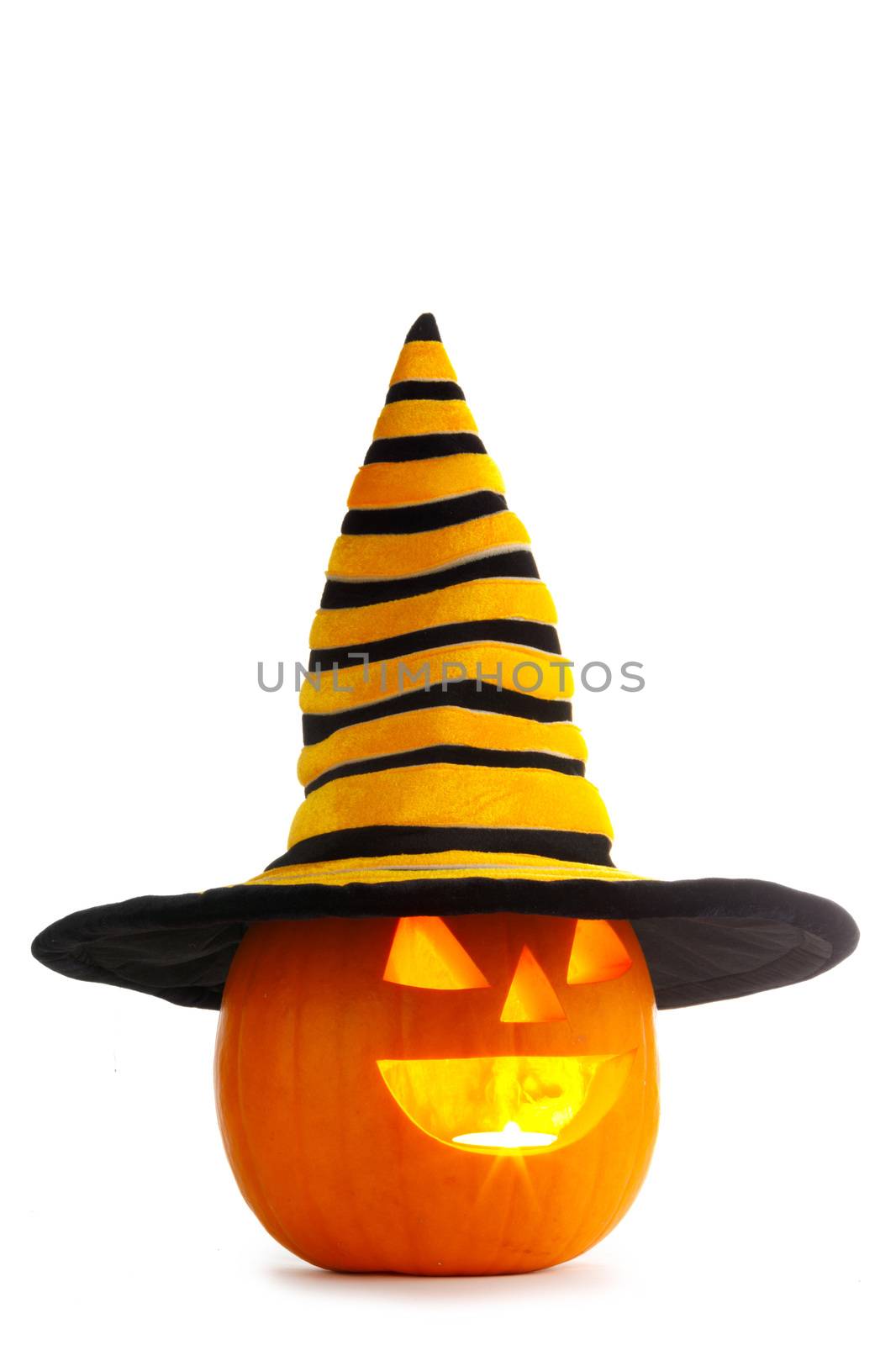 Jack O Lantern Halloween pumpkin in witches hat isolated on white background