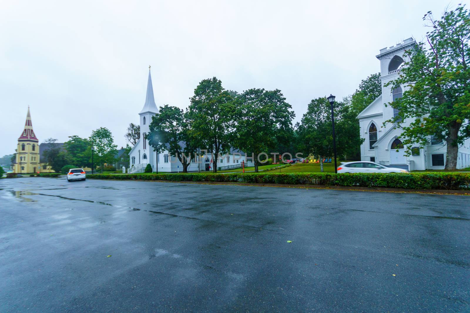 View of the 3 churches (United Church, St. John Lutheran Church, and Anglican Church) in Mahone Bay, Nova Scotia, Canada