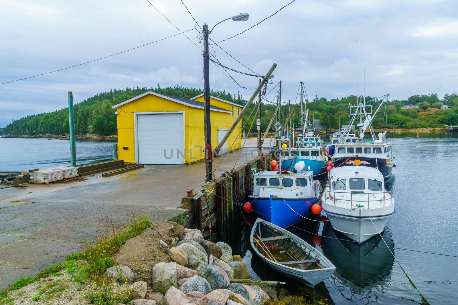 Views of the bay, boats and waterfront buildings in Northwest Cove, Nova Scotia, Canada