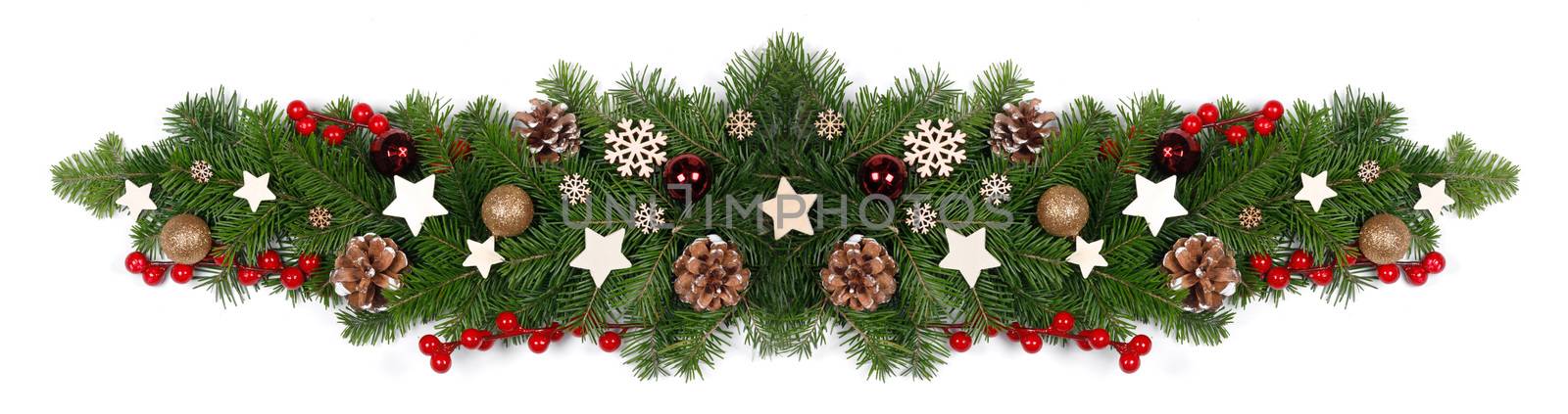 Christmas Border frame design element of tree branches and decor isolated on white background, red and wooden decor, berries, stars, cones