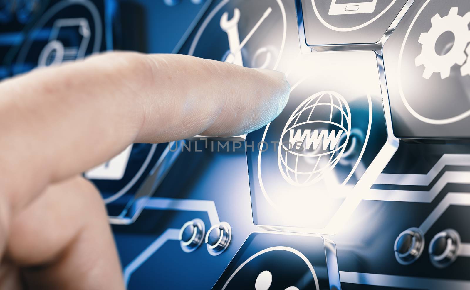 Hand pressing a digital button with www pictogram over blue background. Futuristic web technology concept. Composite image between a hand photography and a 3D background.