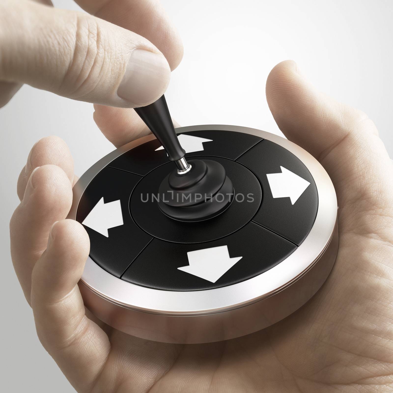 Man using a conceptual joystick to change direction. Strategic orientation concept. Composite image between a hand photography and a 3D background.