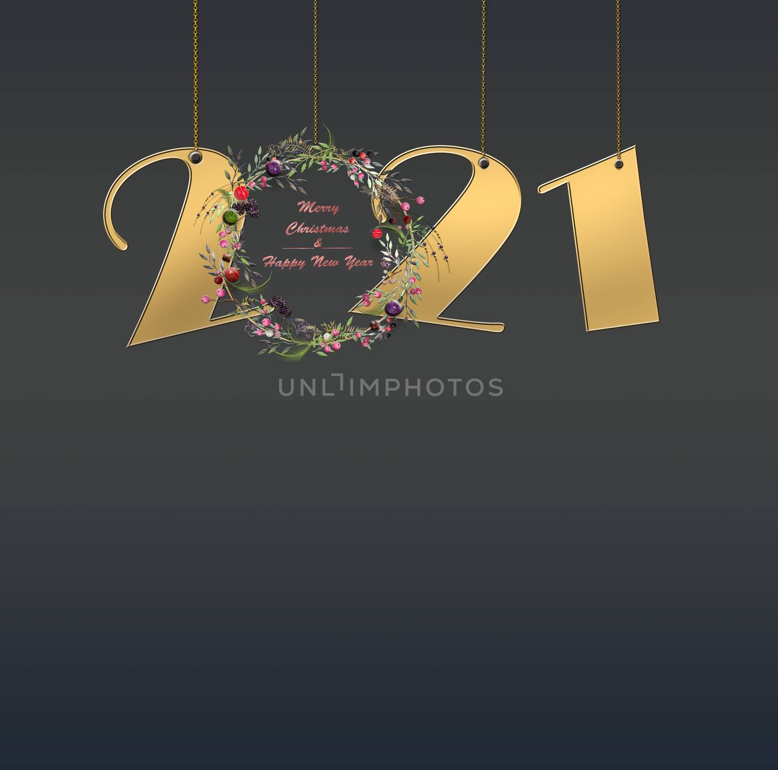 Creative digit 2021 with floral wreath on black background. Happy 2021 new year for seasonal holidays flyers, greetings and invitations, christmas themed congratulations in 3D illustration