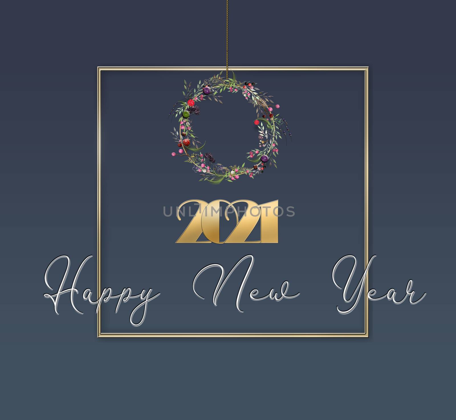 Merry Christmas and Happy new year 2021 design with gold 2021 number, Christmas floral wreath and text Happy New Year. Festive Numbers Design in 3D illustration