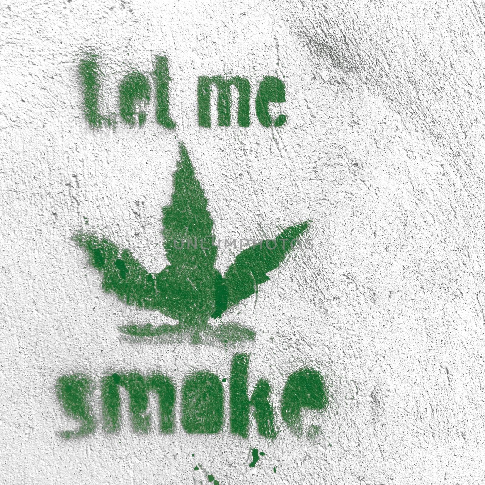 Marijuana leaf symbol on grungy wall with "smoke" message