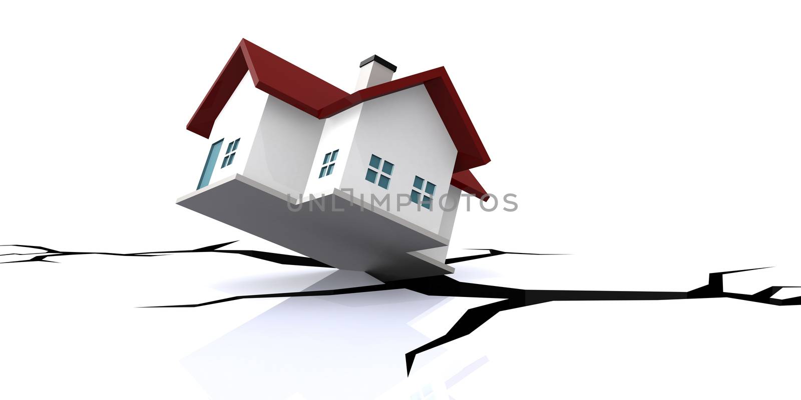 House fall into crack ground, 3D rendering