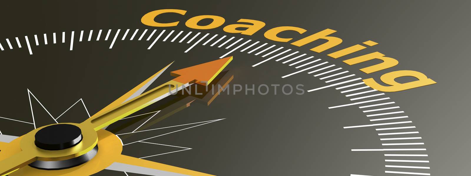 Compass with needle pointing to word coaching ,3d rendering