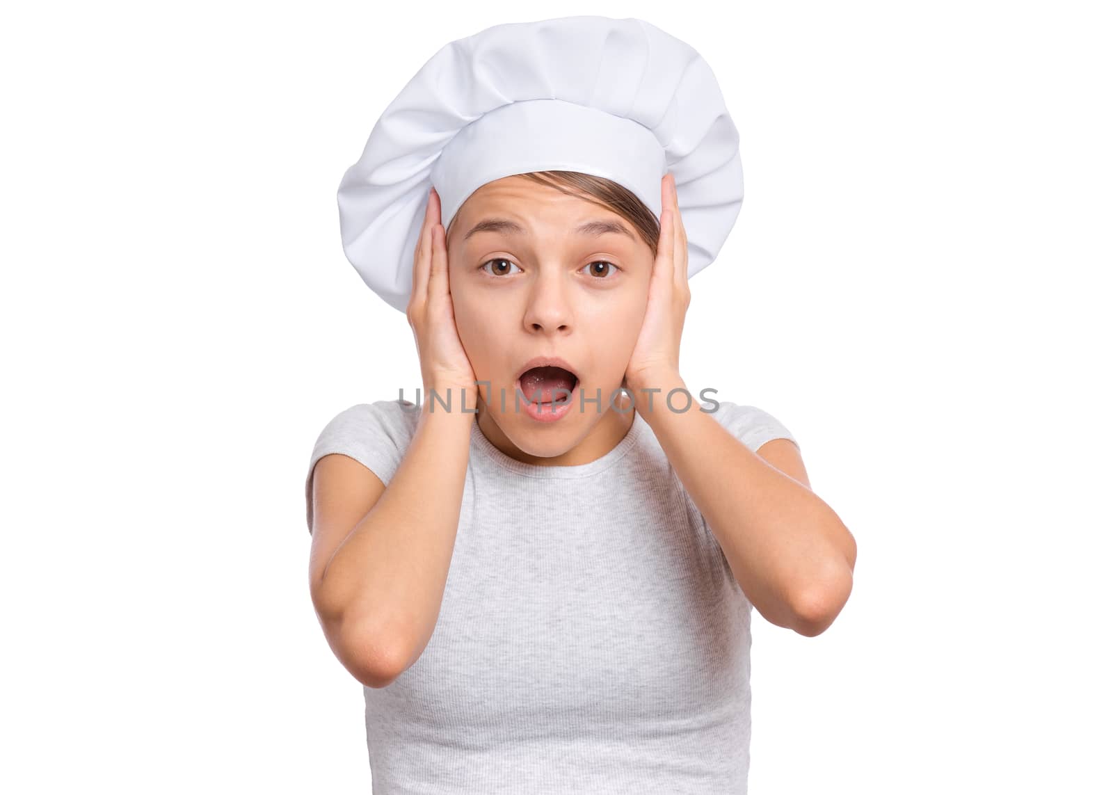 Teen girl in chef hat with emotions showing signs with hands, isolated on a white background.