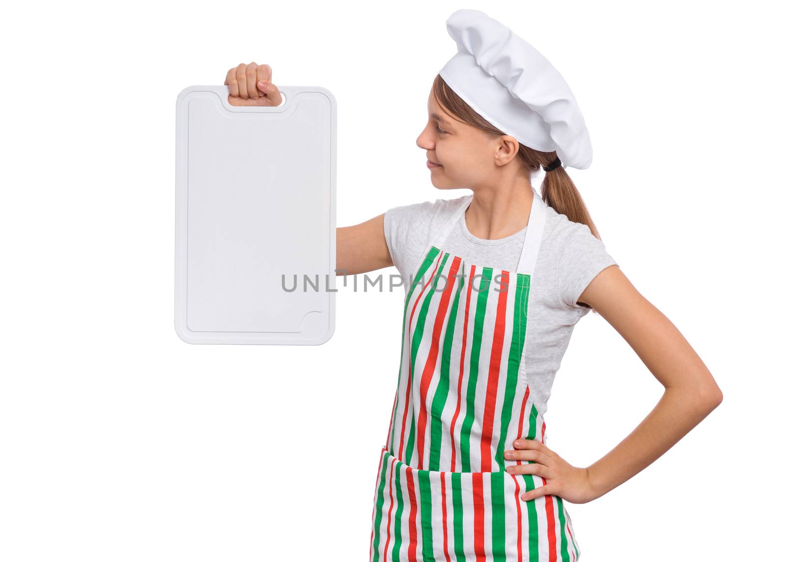 Cute girl in chef uniform isolated on white background showing menu blackboard and Perfect hand sign
