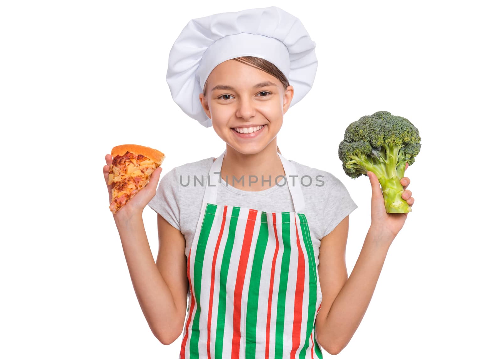 Girl wearing a chef's hat with emotions holding groceries in hands, isolated on white background.