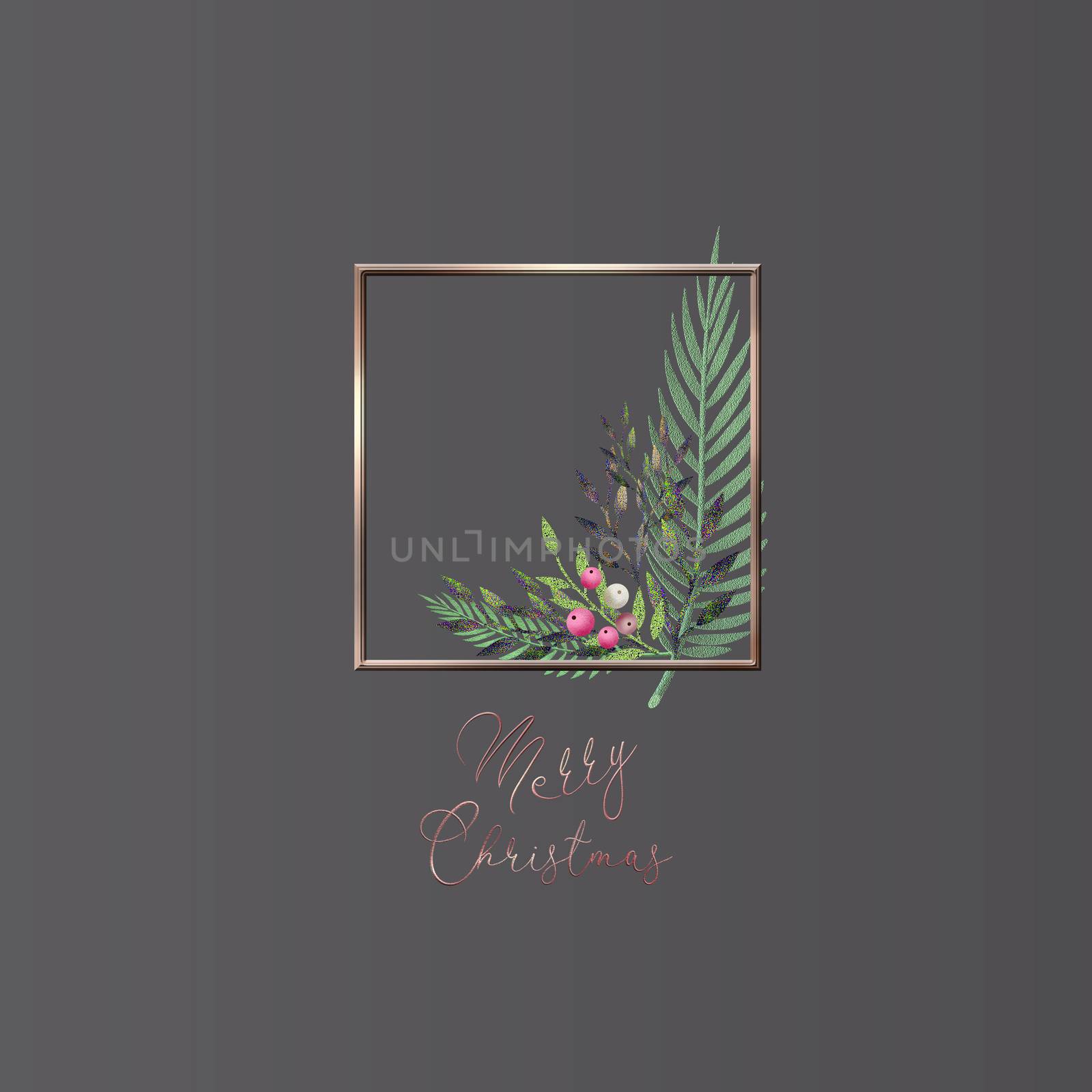 Elegant Winter holiday background, invitation. Winter floral frame in 3D illustration on pastel dark background. Text Merry Christmas.