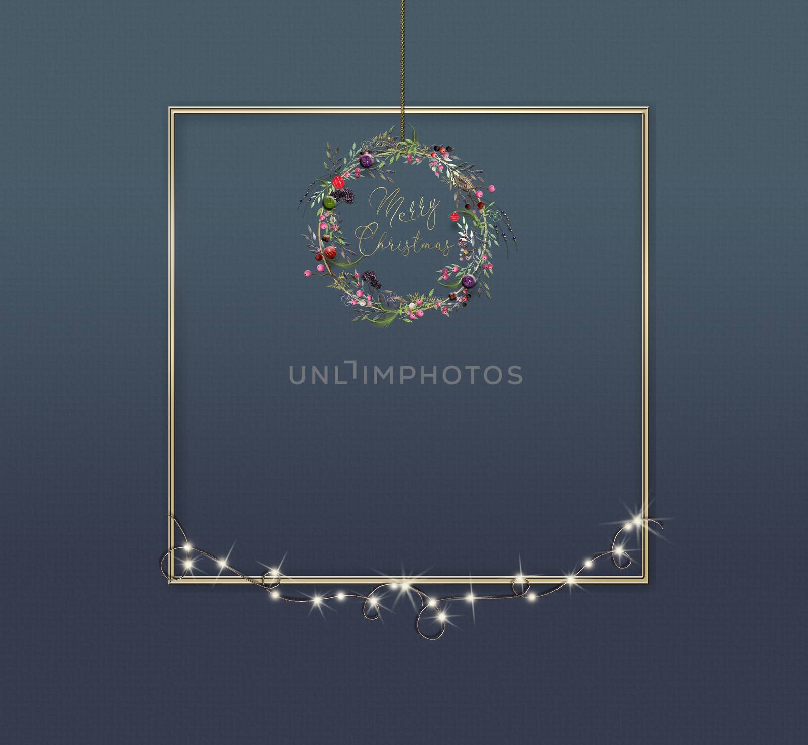 Merry Christmas greeting card with floral realistic wreath and text Merry Christmas on dark blue background. 3D illustration