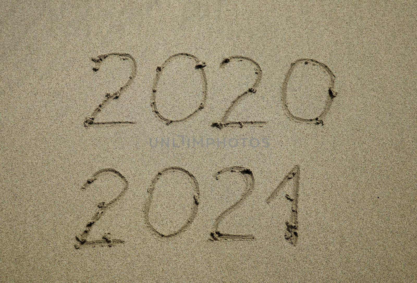Happy New Year 2021 text on the sea beach. Abstract background photo of coming New Year 2021 and leaving year of 2020.