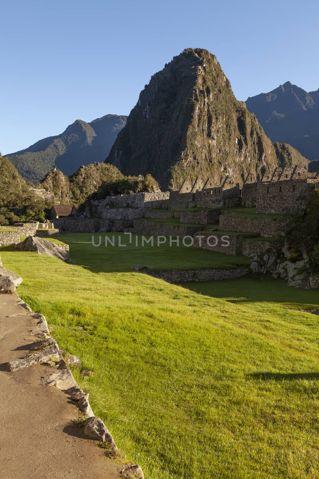 Machu Picchu, Peru - April 6, 2014: Detail view of a section of the main square of Machu Picchu, Peru.