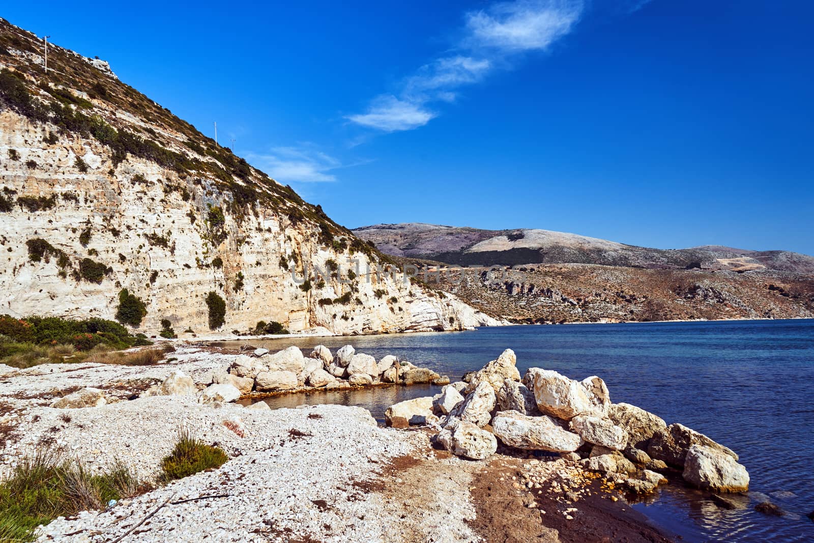 Rocky cliff and boulders in Paliki Bay on the island of Kefalonia in Greece