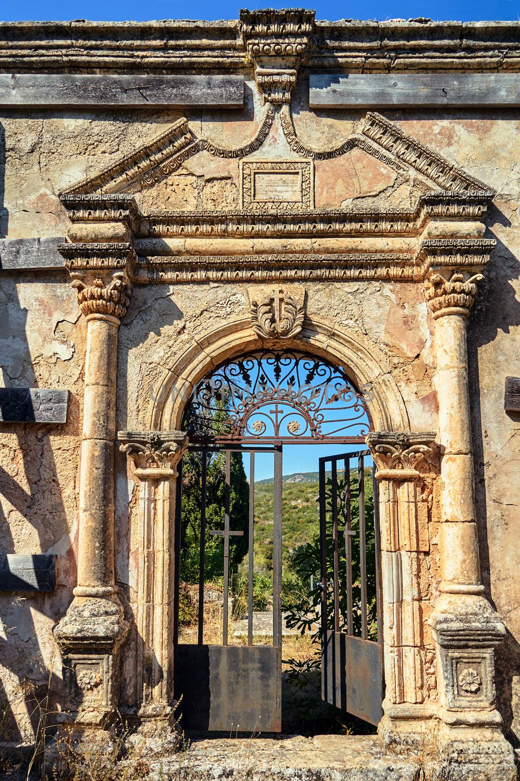 Gate of the destroyed Orthodox church of Agios Spyridon on the island of Kefalonia in Greece