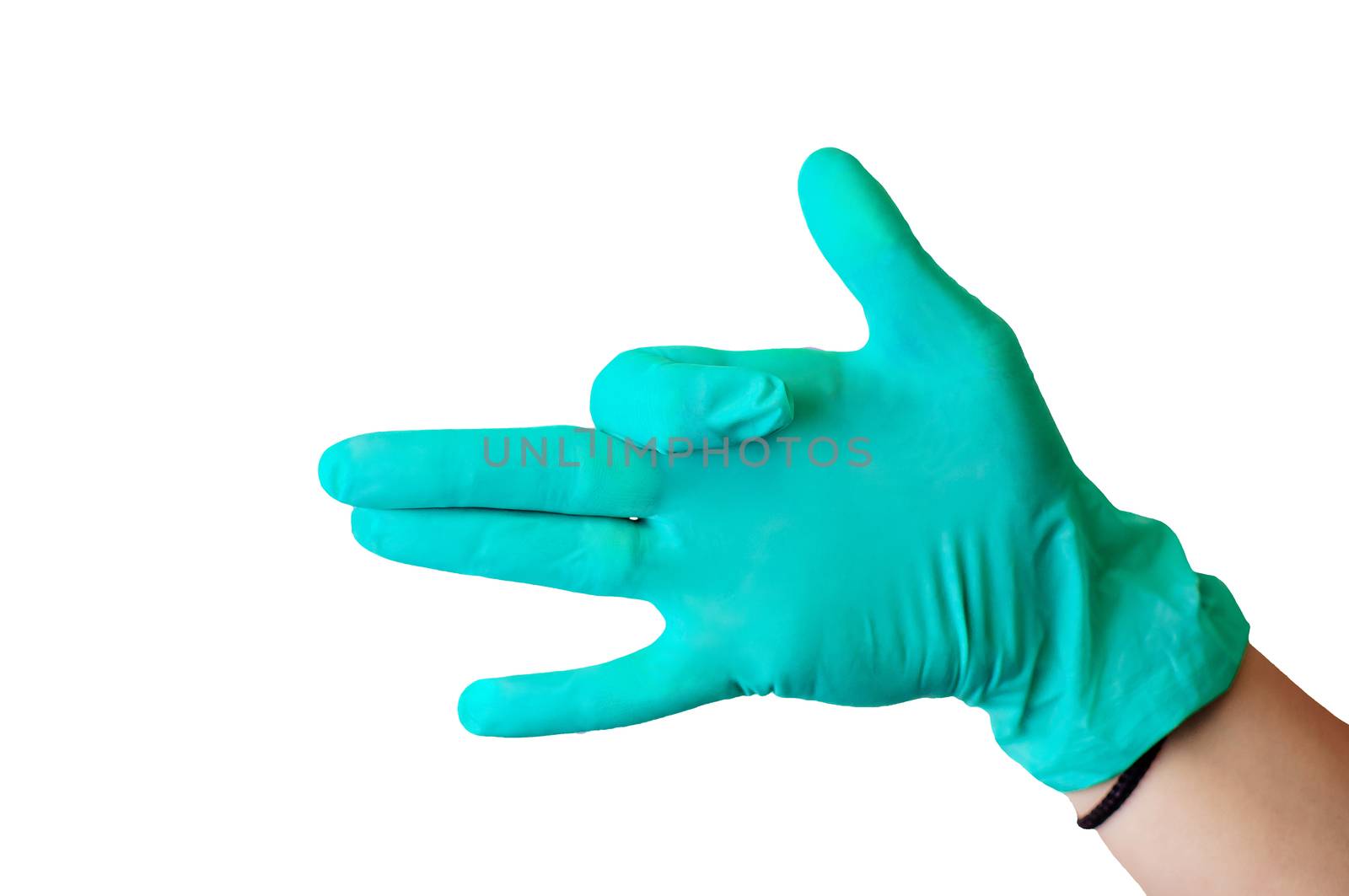 Female hand in blue latex glove makes a gesture resembling a dog with open mouth isolate. Medical health concept. by Alla_Morozova93