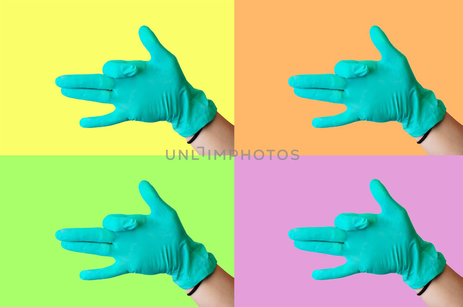Collage on a colored background on a medical subject: a female hand in a blue latex glove makes a gesture similar to a dog s face with an open mouth. Medical health concept. by Alla_Morozova93