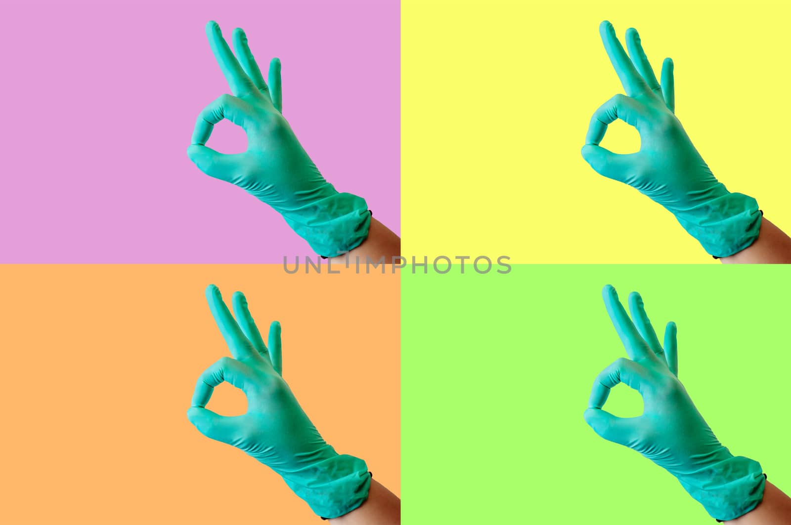 Collage on a colored background on a medical subject: a female hand in a blue latex glove makes a gesture all is well. Medical health concept.