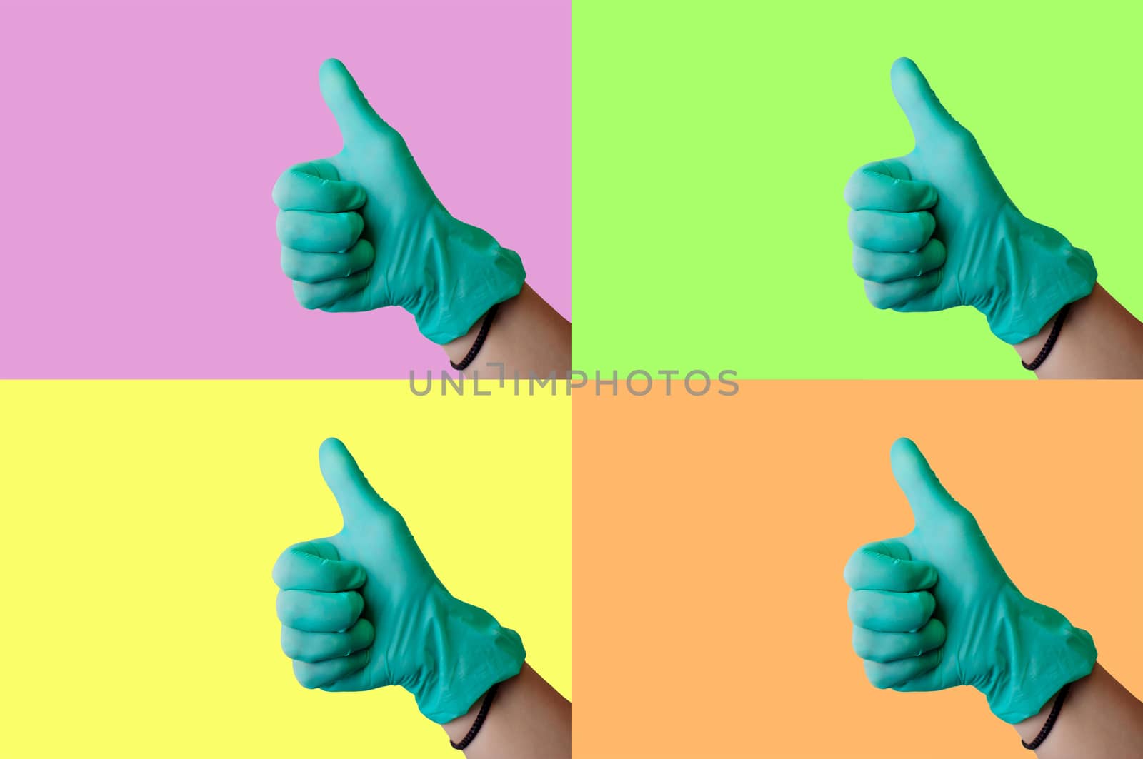 Collage on a colored background on a medical theme: a female hand in a blue latex glove makes a thumbs up like gesture. Medical health concept. by Alla_Morozova93