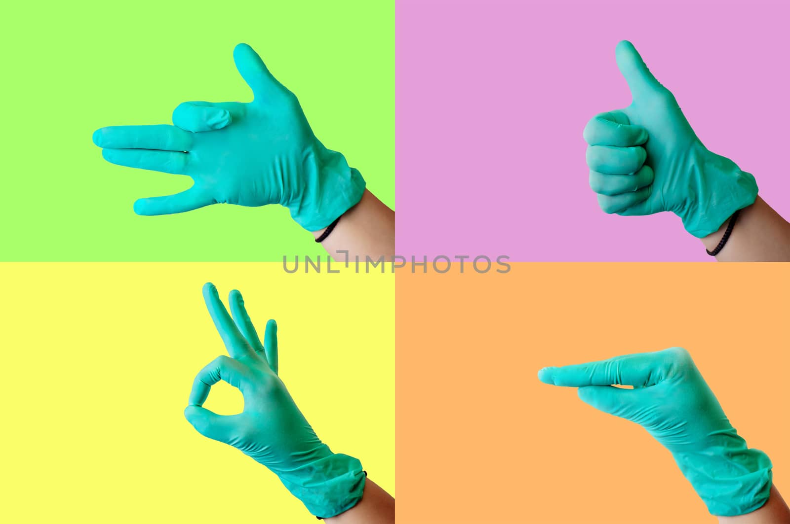 Collage on a colored background on a medical theme. Different hand gestures in a latex blue glove. Medical health concept. by Alla_Morozova93