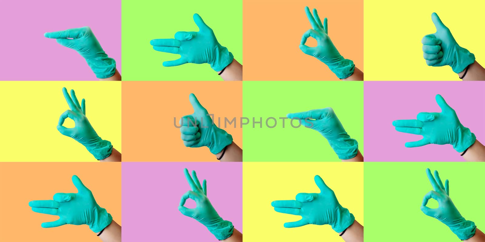 Collage on a colored background on a medical theme. Different hand gestures in a latex blue glove. Medical health concept. by Alla_Morozova93