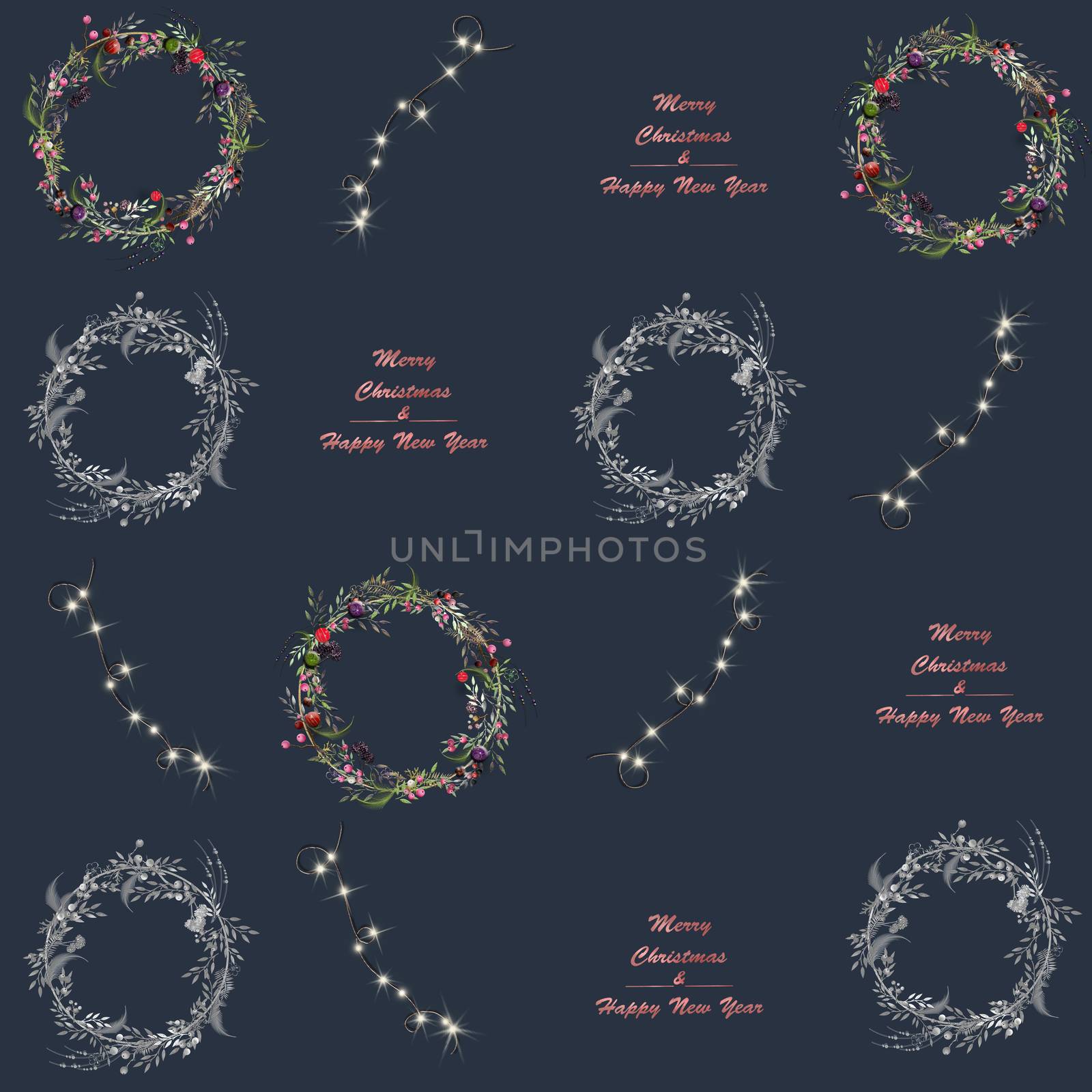 Christmas seamless pattern, festive wreath, lights on blue background. Gold text Merry Christmas Happy New Year. 3D illustration. Nature design. Season greeting. Winter Xmas holidays