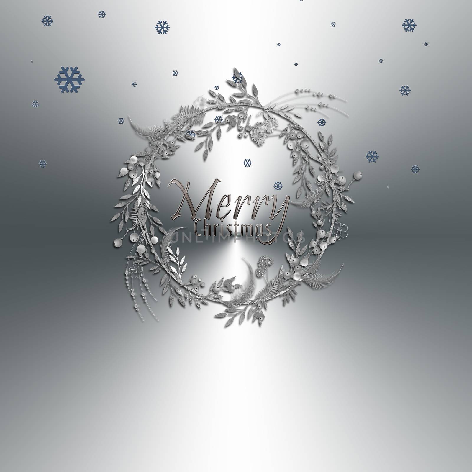 Beautiful silver floral 3D illustartion of Christmas wreath on metal grey background. Elegan design for card, weddings,