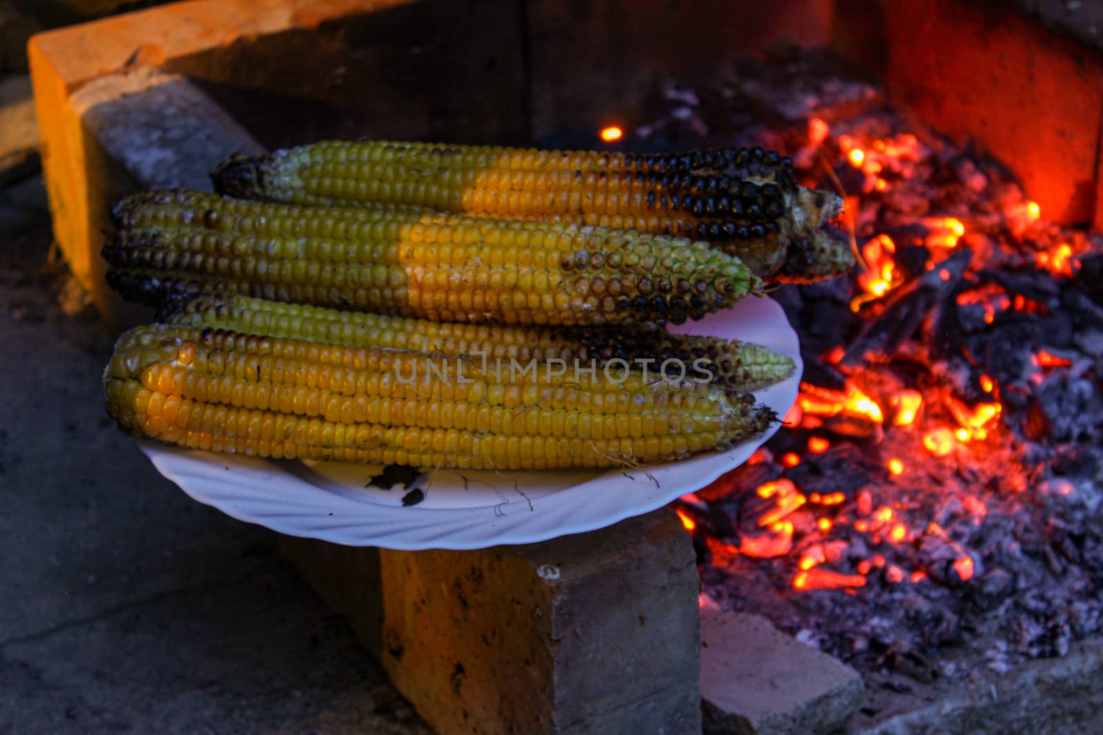 Slightly burnt corn at the ends. Roasted corn on a plate by the fire and grill where they are roasted. by mahirrov