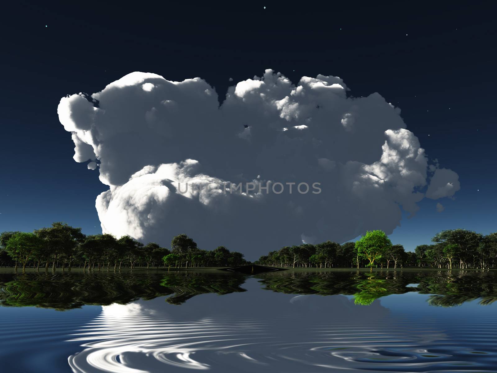 Surreal scene. Big cloud over water surface and forest. 3D rendering