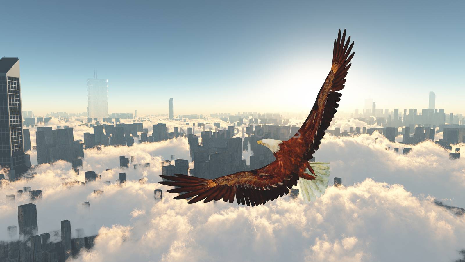 Eagle flies above megapolis by applesstock