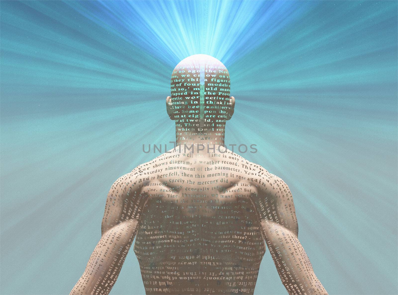 Man radiates light from text on his skin. The text is from HG Wells The Time Machine. 3D rendering