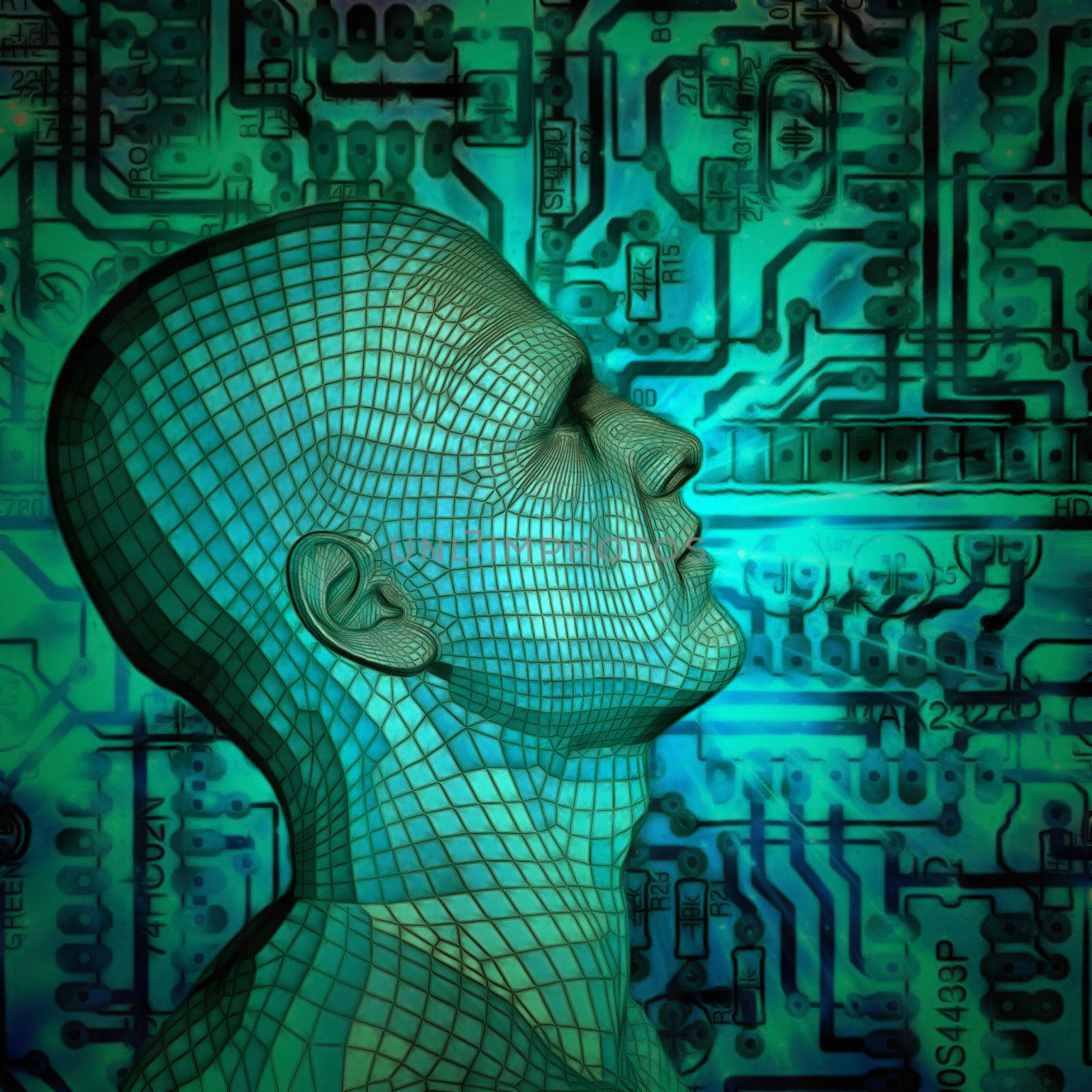 Mans head with a circuit board. 3D rendering