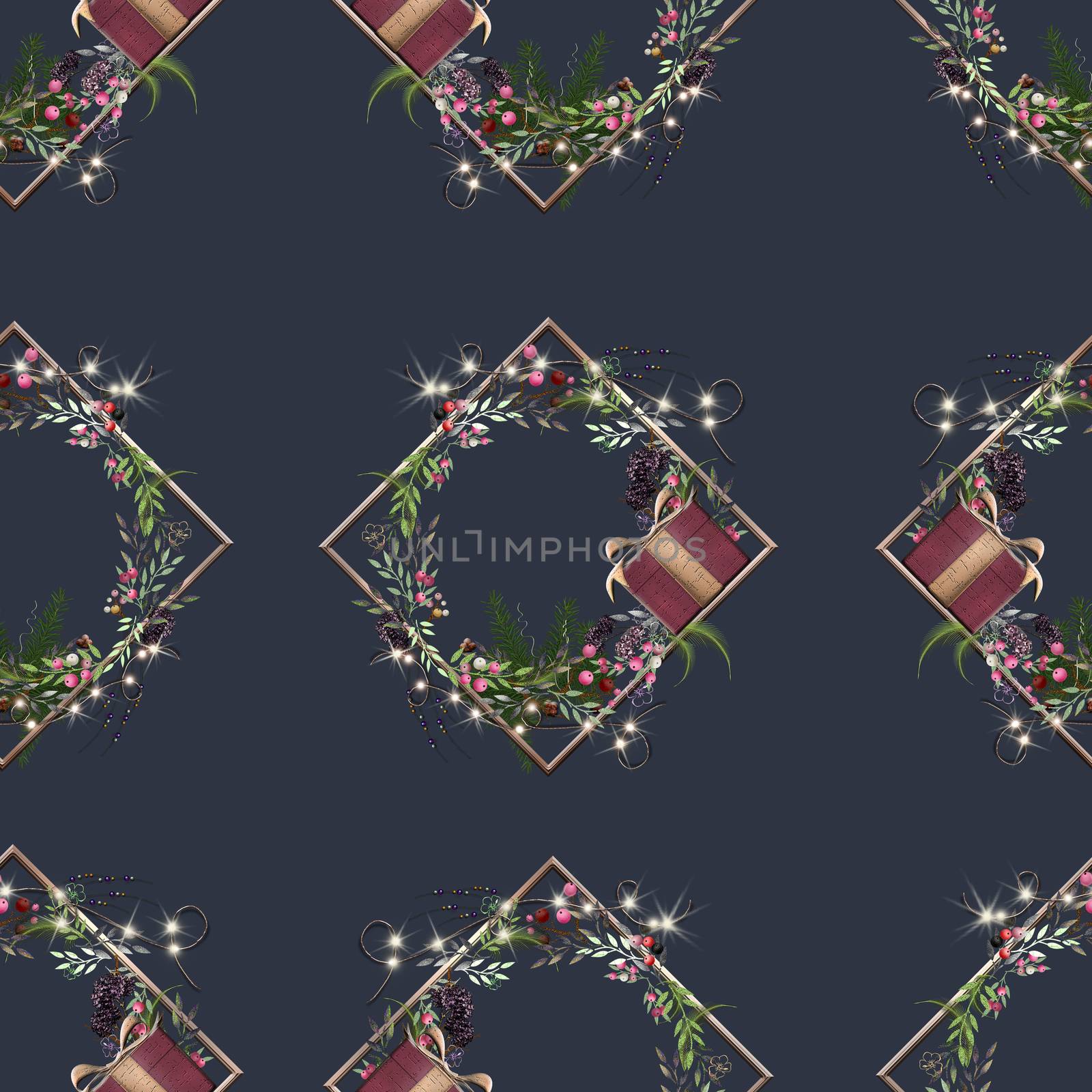 Christmas seamless pattern. Christmas floral wreath with gift box and lights on blue background. Unique design in 3D illustration in modern trendy style for festive holiday season design