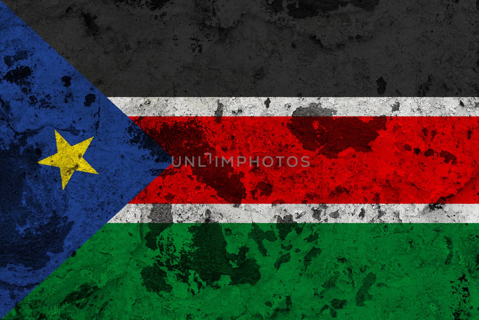 South Sudan flag on old wall. Patriotic grunge background. National flag of South Sudan