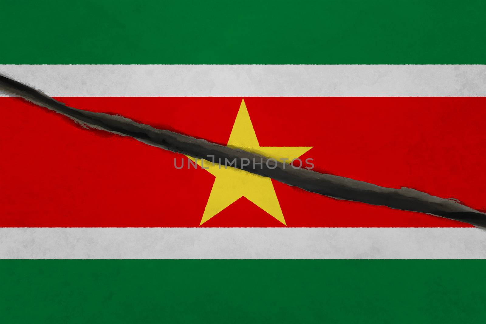 Suriname flag cracked. Patriotic background. National flag of Suriname