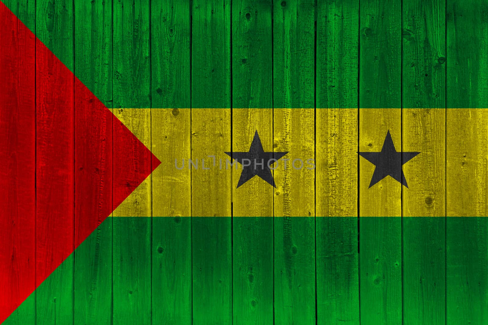 Sao Tome and Principe flag painted on old wood plank. Patriotic background. National flag of Sao Tome and Principe