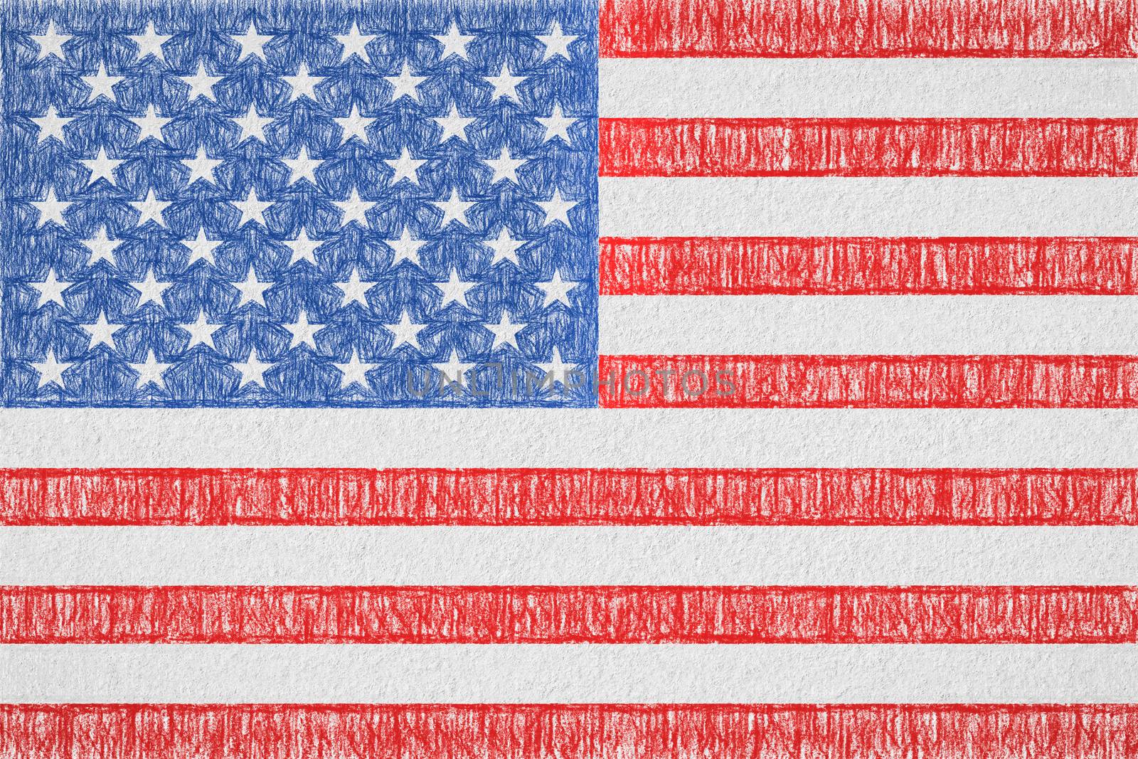 United States of America painted flag. Patriotic drawing on paper background. National flag of United States of America