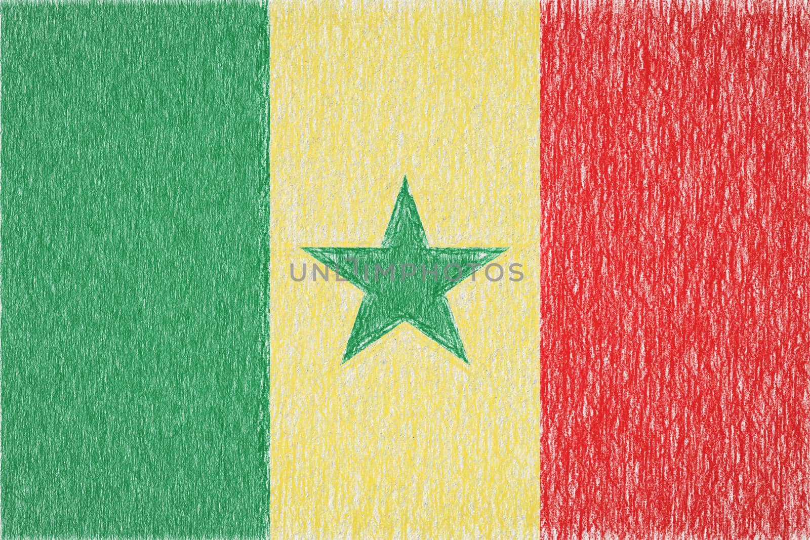 Senegal painted flag. Patriotic drawing on paper background. National flag of Senegal