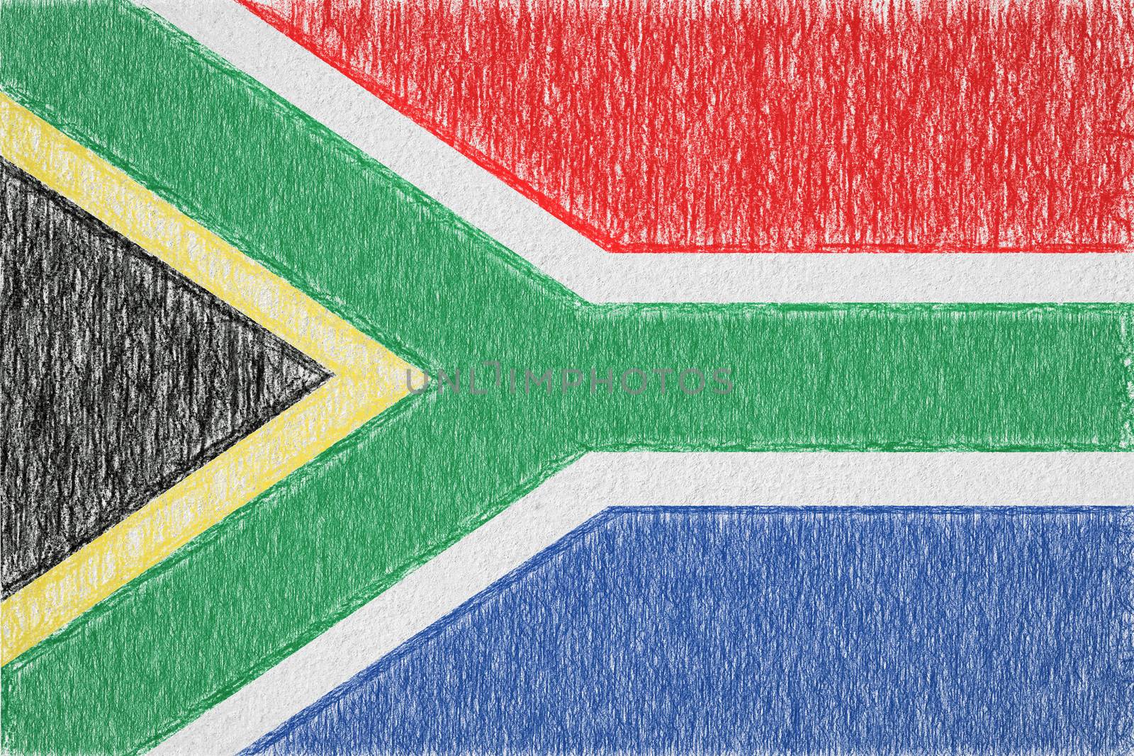 South Africa painted flag. Patriotic drawing on paper background. National flag of South Africa