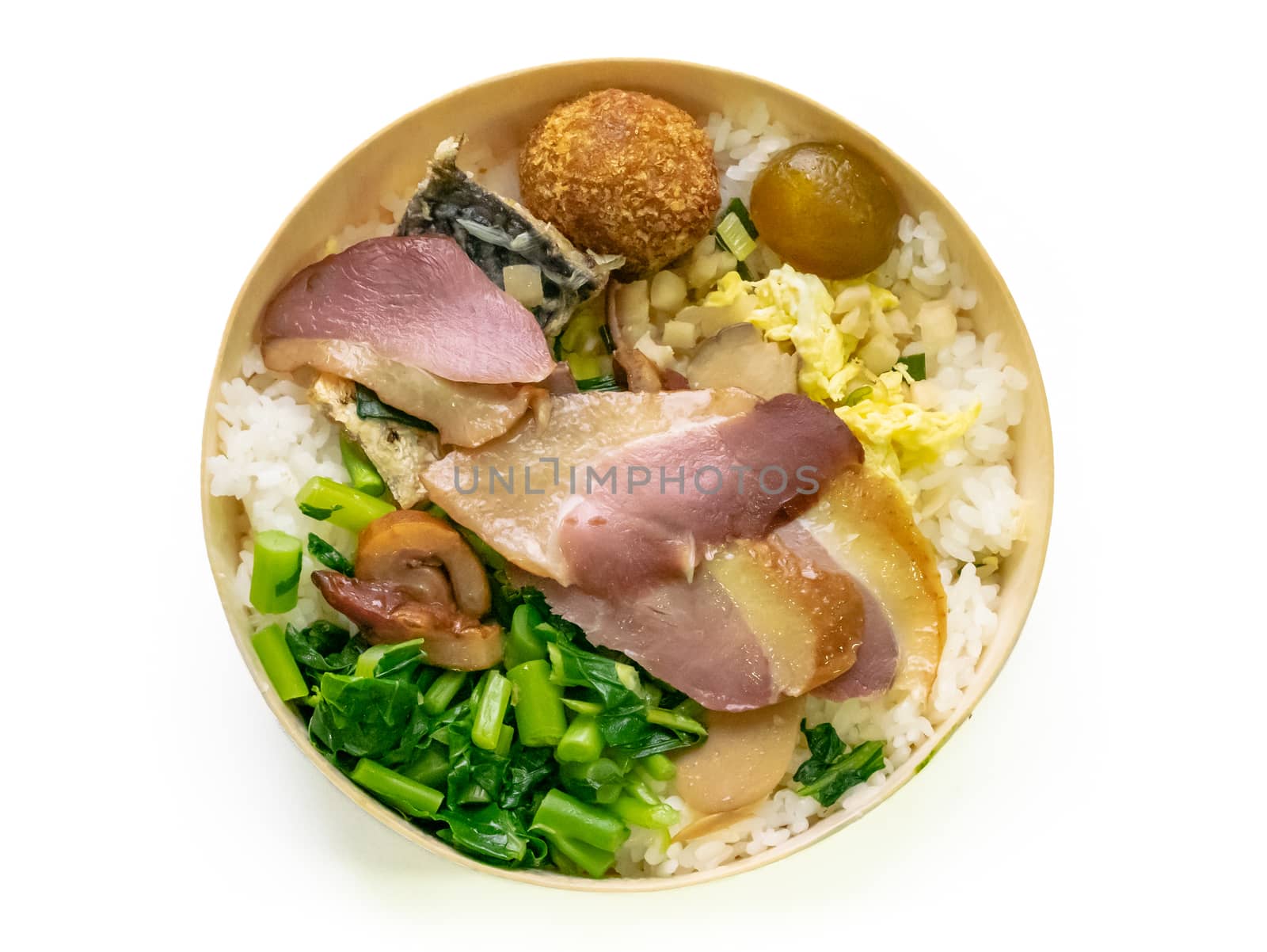The close up of Taiwan railway lunch box meal food set isolated on white background.