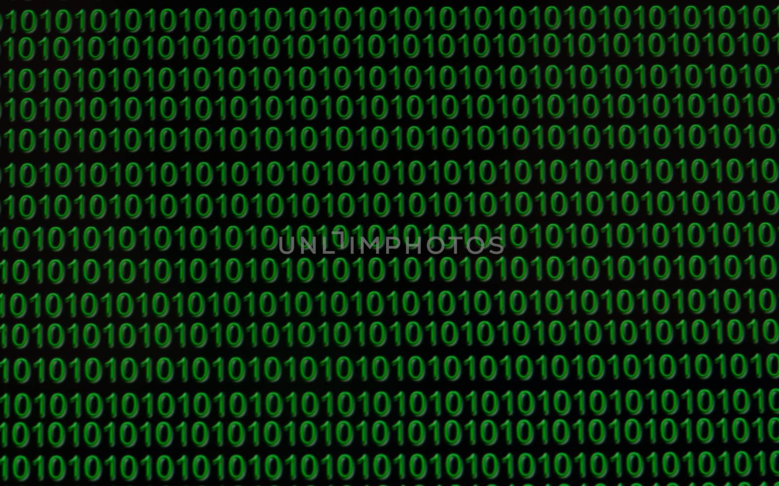 Green computer language binary numbers glow on black background.