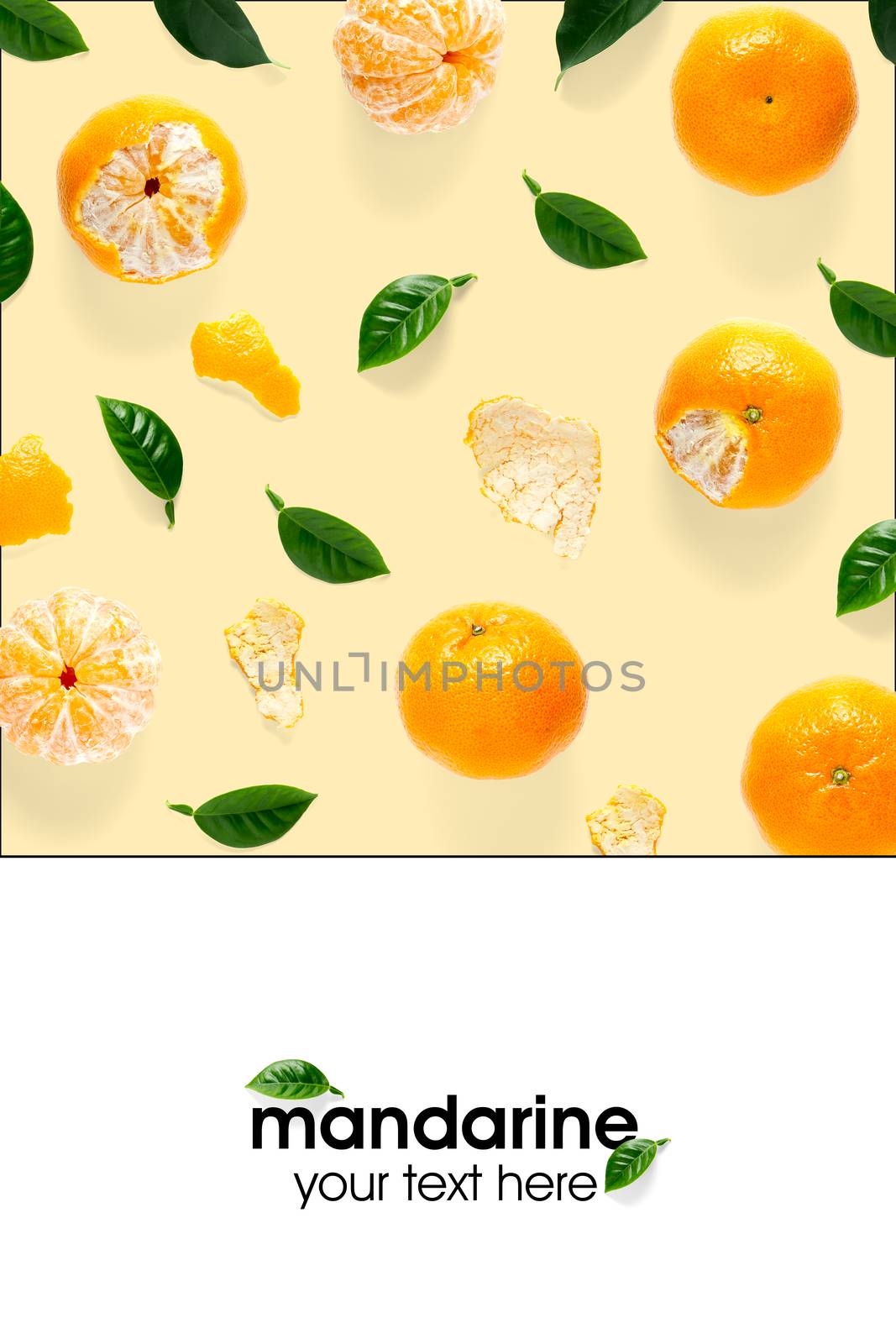 Creative layout of tangerines, mandarines. Unpeeled and peeled ripe tangerines, mandarines, clementines with leaves isolated on white background. by PhotoTime