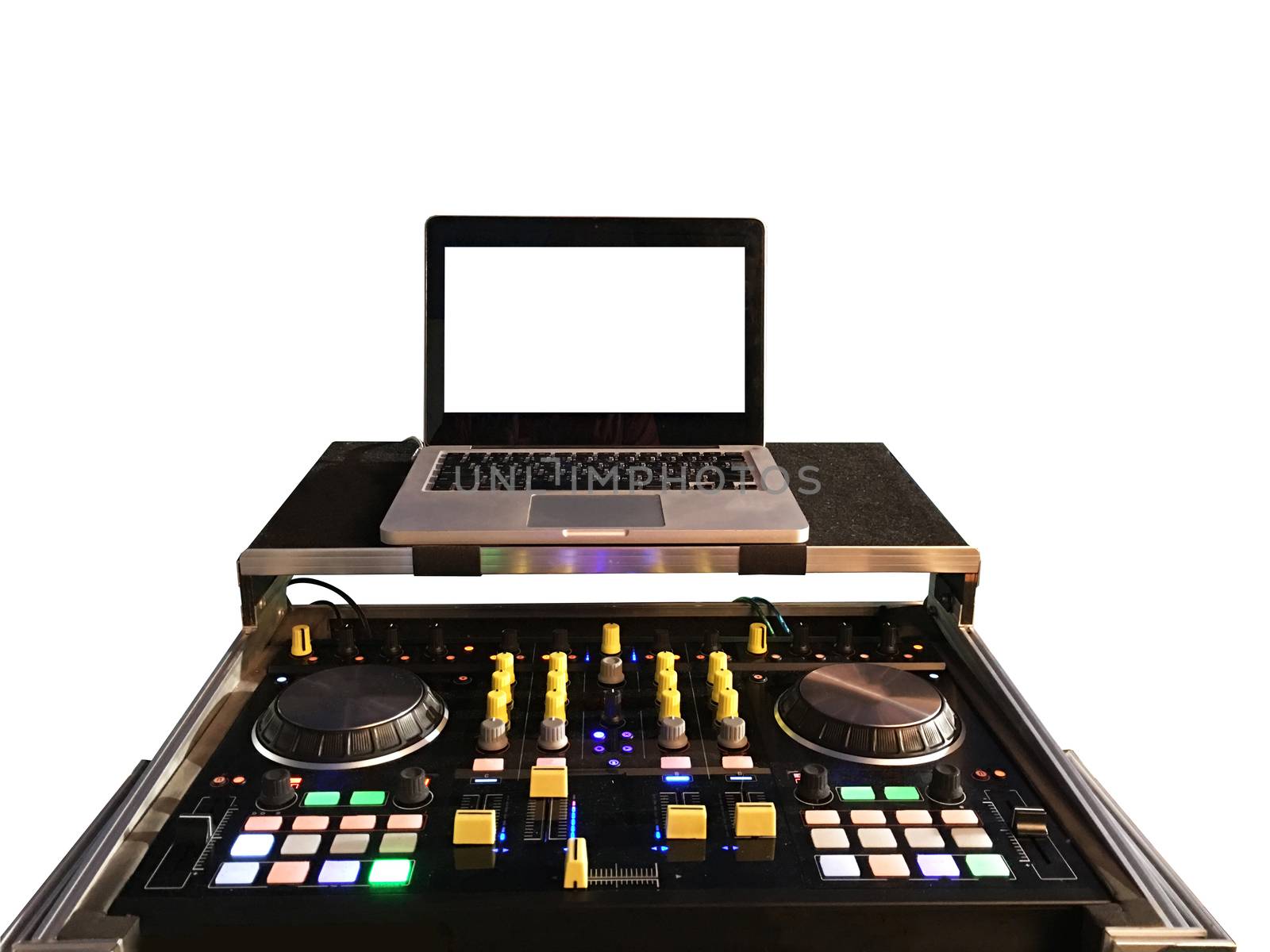 Dj machine on a mixer and turntables with the vinyl on white background

