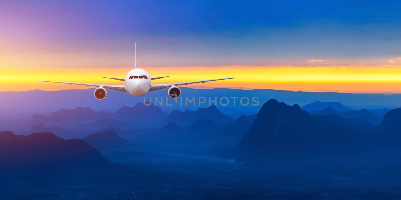 Front of real plane aircraft, isolated on sunset view background