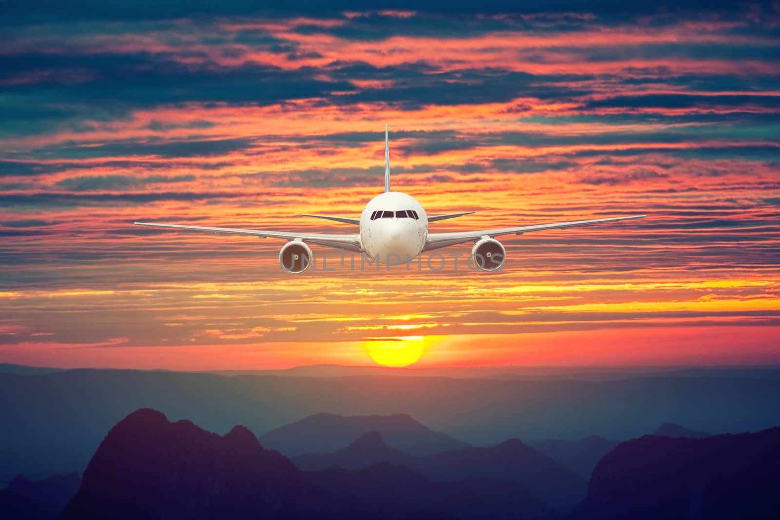 Front of real plane aircraft, isolated on sunset view background