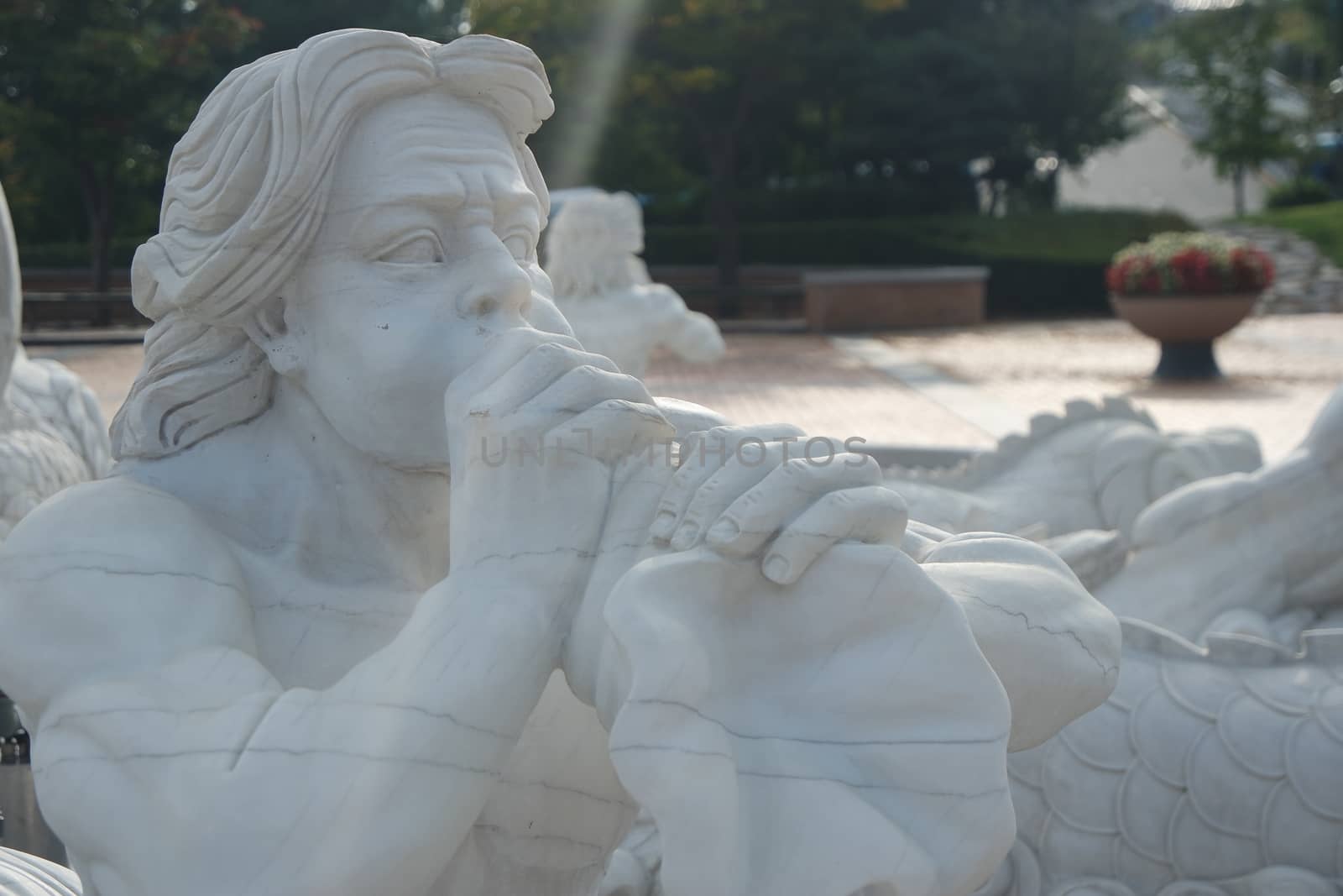 sculpture of classical water god blowing conch shell - ancient natural trumpet. Stone sculpture of a Triton, blowing on his conch shell trumpet.