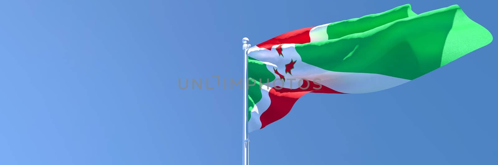 3D rendering of the national flag of Burundi waving in the wind against a blue sky