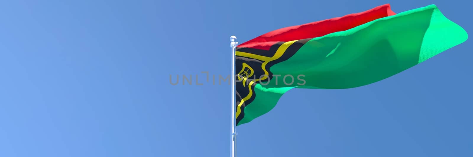 3D rendering of the national flag of Vanuatu waving in the wind against a blue sky